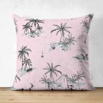 - Suet-K-2518 - Realhomes  Pudra Renk Temalı Palmiye Adası Dijital Baskılı Çift Taraflı Süet Yastık Kırlent Kılıfı Realhomes
