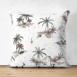 Beyaz Temalı Palmiye Adası Dijital Baskılı Çift Taraflı Süet Yastık Kırlent Kılıfı Realhomes