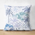 - Suet-K-2523 - Realhomes Turkuaz Palmiye Çizimli Dijital Baskılı Çift Taraflı Süet Kırlent Kılıfı Realhomes