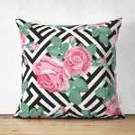 - Suet-K-2524 - Realhomes  Karışık Desenli Gül Dijital Baskılı Dekoratif Çift Taraflı Süet Kırlent Kılıfı Realhomes