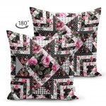 - Suet-K-2525-1 - Realhomes  Siyah Beyaz Puanlı Çiçek Çizimli Modern Çift Taraflı Süet Yastık Kırlent Kılıfı Realhomes