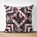 - Suet-K-2525 - Realhomes  Siyah Beyaz Puanlı Çiçek Çizimli Modern Çift Taraflı Süet Yastık Kırlent Kılıfı Realhomes