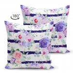 Sümbül Desenli Yatay Çizgili Dekoratif Çift Taraflı Süet Kırlent Kılıfı Realhomes