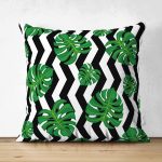 - Suet-K-2533 - Realhomes Zigzag Zebra Temalı Yaprak Çizimli Dijital Baskılı Çift Taraflı Süet Yastık Kırlent Kılıfı Realhomes