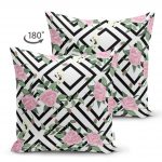 Kare Temalı Gül Çizimli Dekoratif Çift Taraflı Süet Kırlent Kılıfı Realhomes