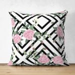 Kare Temalı Gül Çizimli Dekoratif Çift Taraflı Süet Kırlent Kılıfı Realhomes