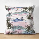 - Suet-K-2535 - Realhomes  Palmiye Motifli Ada Desenli Dijital Baskılı Çift Taraflı Süet Yastık Kırlent Kılıfı Realhomes