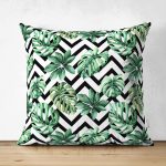 Zigzag Siyah Beyaz Şerit Temalı Yaprak Çizimi Çift Taraflı Süet Kırlent Kılıfı Realhomes