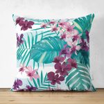 - Suet-K-2540 - Realhomes Turkuaz Temalı Eflatun Çiçek Desenli Dekoratif Çift Taraflı Süet Yastık Kırlent Kılıfı Realhomes