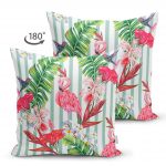 - Suet-K-2544-1 - Realhomes  Flamingo Motifli Şerit Desenli Dekoratif Çift Taraflı Süet Yastık Kırlent Kılıfı Realhomes