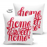- Suet-K-2560-1 - Realhomes  Kırmızı Home Sweet Home Dijital Modern Çift Taraflı Süet Yastık Kırlent Kılıfı Realhomes
