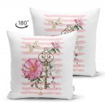 Anahtar Motifli Çiçek Desenli Çizgili Çift Taraflı Süet Yastık Kırlent Kılıfı Realhomes