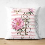 Anahtar Motifli Çiçek Desenli Çizgili Çift Taraflı Süet Yastık Kırlent Kılıfı Realhomes