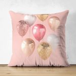 - Suet-K-3003 - Realhomes Pembe Zeminli Balonlar Desenli Çift Taraflı Süet Yastık Kırlent Kılıfı Realhomes