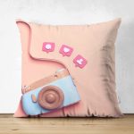 Çift Taraflı 3D Instagram Fotoğraf Makinası Desenli Dijital Baskılı Süet Yastık Kırlent Kılıfı Realhomes