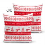 - Suet-K-3026-1 - Realhomes Çift Taraflı Merry Christmas Kanaviçe Görünümlü Geyikler Dijital Baskılı Süet Yastık Kırlent Kılıfı Realhomes