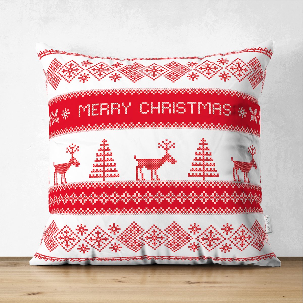 Çift Taraflı Merry Christmas Kanaviçe Görünümlü Geyikler Dijital Baskılı Süet Yastık Kırlent Kılıfı Realhomes