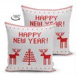 Çift Taraflı Happy New Year Temalı Dijital Baskılı Dekoratif Süet Yastık Kırlent Kılıfı Realhomes