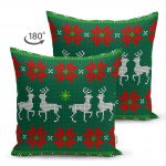 - Suet-K-3033-1 - Realhomes  Çift Taraflı Yeşil Zeminde Yılbaşı Geyikleri Desenli Dekoratif Süet Yastık Kırlent Kılıfı Realhomes