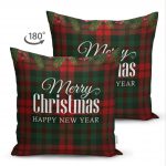 - Suet-K-3036-1 - Realhomes  Çift Taraflı Ekose Zeminde Merry Christmas Dijital Baskılı Dekoratif Süet Yastık Kırlent Kılıfı Realhomes