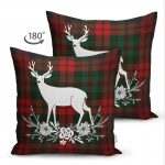 - Suet-K-3037-1 - Realhomes  Çift Taraflı Ekose Zeminde Yılbaşı Geyik Temalı Dijital Baskılı Süet Yastık Kılıfı Realhomes