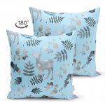 - Suet-K-3039-1 - Realhomes  Çift Taraflı Mavi Zeminli Geyik ve Yaprak Desenli Dekoratif Süet Yastık Kırlent Kılıfı Realhomes