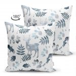 - Suet-K-3040-1 - Realhomes  Çift Taraflı Beyaz Zeminli Geyik ve Yaprak Motifleri Dijital Baskılı Süet Yastık Kırlent Kılıfı Realhomes