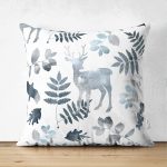 - Suet-K-3040 - Realhomes  Çift Taraflı Beyaz Zeminli Geyik ve Yaprak Motifleri Dijital Baskılı Süet Yastık Kırlent Kılıfı Realhomes