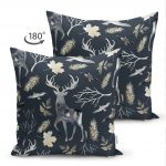 - Suet-K-3041-1 - Realhomes Çift Taraflı Siyah Zeminde Geyik ve Yaprak Desenli Süet Yastık Kırlent Kılıfı Realhomes