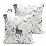 - Suet-K-3043-1 - Realhomes Çift Taraflı Ekru Zeminli Geyik ve Yaprak Motifler Dijital Baskılı Süet Yastık Kırlent Kılıfı Realhomes