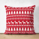 Çift Taraflı Kırmızı Zeminde Yılbaşı Motifleri Dijital Baskılı Süet Yastık Kırlent Kılıfı Realhomes