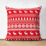 Çift Taraflı Kırmızı Zeminli Kanaviçe Geyik Desenli Süet Yastık Kırlent Kılıfı Realhomes