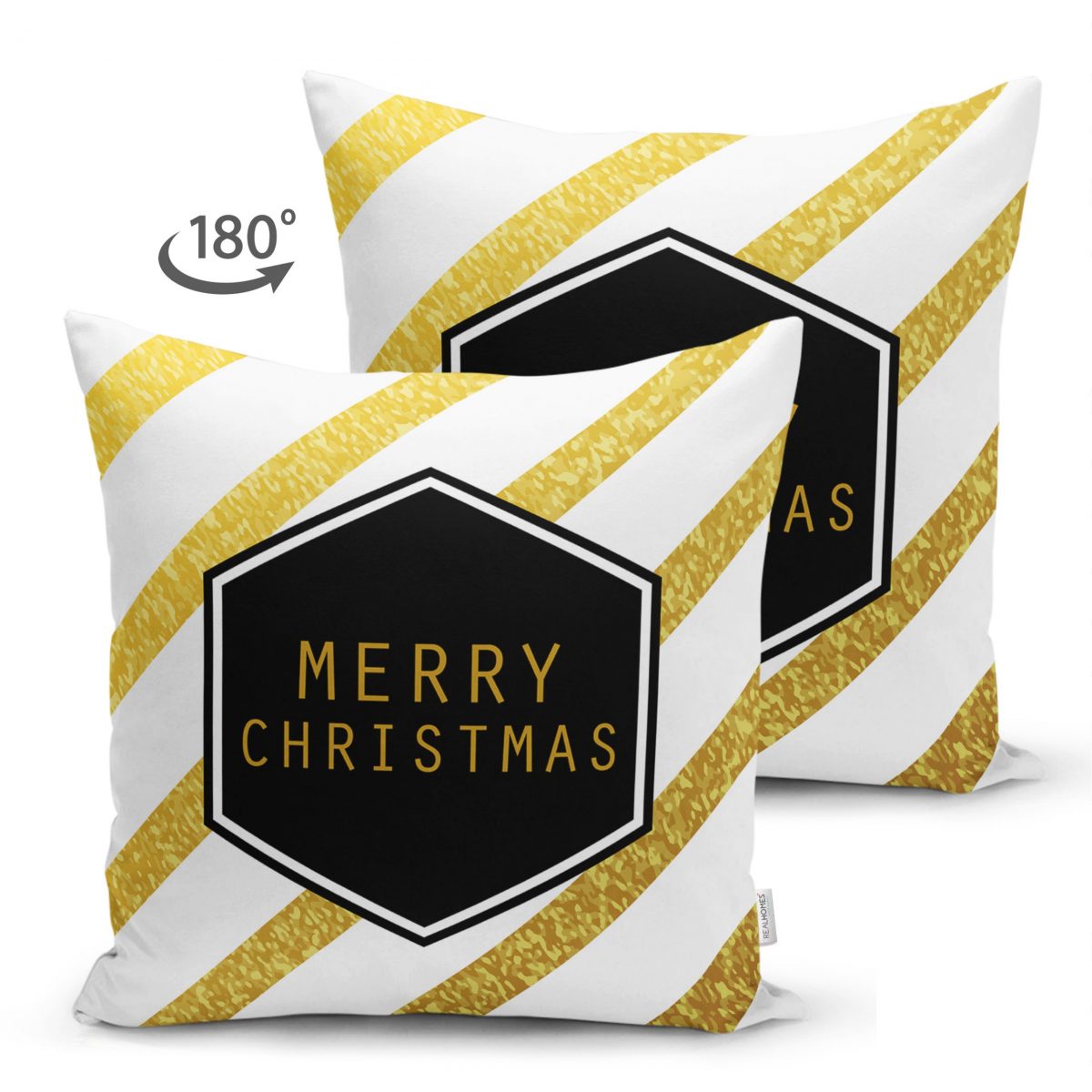 Çift Taraflı Altın Şeritli Merry Christmas Desenli Dekoratif Süet Yastık Kırlent Kılıfı Realhomes