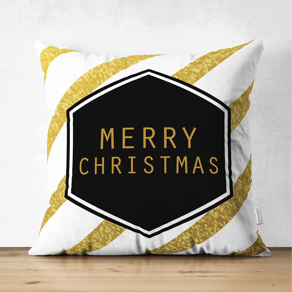 Çift Taraflı Altın Şeritli Merry Christmas Desenli Dekoratif Süet Yastık Kırlent Kılıfı Realhomes