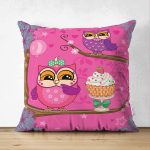 - Suet-K-3070 - Realhomes  Çift Taraflı Pembe Zeminde Baykuşlar Desenli Dekoratif Süet Yastık Kırlent Kılıfı Realhomes
