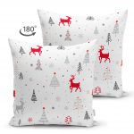 - Suet-K-3075-1 - Realhomes  Çift Taraflı Kırmızı Geyikler ve Ağaçlar Yılbaşı Konseptli Dijital Baskılı Süet Yastık Kılıfı Realhomes