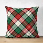 Çift Taraflı Yeşil Kırmızı Beyaz Ekose Desenli Dekoratif Süet Yastık Kırlent Kılıfı Realhomes