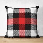 - Suet-K-3080 - Realhomes Çift Taraflı Siyah Kırmızı Beyaz Ekose Desenli Dekoratif Süet Yastık Kırlent Kılıfı Realhomes
