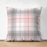 - Suet-K-3081 - Realhomes Çift Taraflı Pembe Gri Ekose Desenli Dekoratif Süet Yastık Kırlent Kılıfı Realhomes