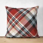 - Suet-K-3085 - Realhomes  Çift Taraflı Kırmızı Siyah Beyaz Ekose Desenli Dekoratif Süet Yastık Kırlent Kılıfı Realhomes