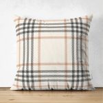 - Suet-K-3088 - Realhomes  Çift Taraflı Krem Renkte Ekose Desenli Dekoratif Süet Yastık Kırlent Kılıfı Realhomes