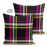 - Suet-K-3091-1 - Realhomes  Çift Taraflı Siyah Sarı Pembe Ekose Desenli Dijital Baskılı Dekoratif Süet Yastık Kırlent Kılıfı Realhomes