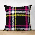 - Suet-K-3091 - Realhomes  Çift Taraflı Siyah Sarı Pembe Ekose Desenli Dijital Baskılı Dekoratif Süet Yastık Kırlent Kılıfı Realhomes