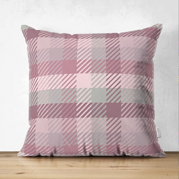 - Suet-K-3092 - Realhomes  Çift Taraflı Siyah Sarı Pembe Ekose Desenli Dijital Baskılı Dekoratif Süet Yastık Kırlent Kılıfı Realhomes