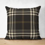 - Suet-K-3093 - Realhomes  Çift Taraflı Siyah Zeminli Ekose Desenli Dijital Baskılı Dekoratif Süet Yastık Kırlent Kılıfı Realhomes