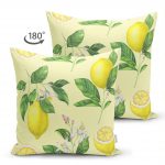 Çift Taraflı Krem Zeminli Limon Desenli Dekoratif Süet Yastık Kırlent Kılıfı Realhomes