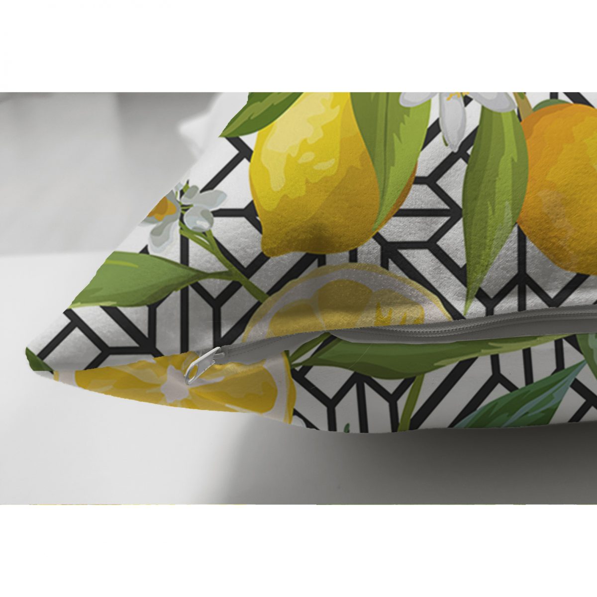 Çift Taraflı Geometrik ve Limon Desenli 3D Dijital Baskılı Süet Yastık Kırlent Kılıfı Realhomes