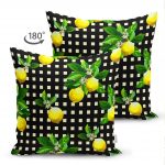 Çift Taraflı Siyah Zeminde Ekose Desenli Limon Dijital Baskılı Dekoratif Süet Yastık Kılıfı Realhomes