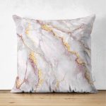 - Suet-K-3124 - Realhomes  Çift Taraflı Altın Yaldız Çizgili Mermer Desenli Dekoratif Süet Yastık Kırlent Kılıfı Realhomes