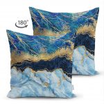 Çift Taraflı Altın Varaklı Mavi Zeminli Modern Süet Yastık Kırlent Kılıfı Realhomes